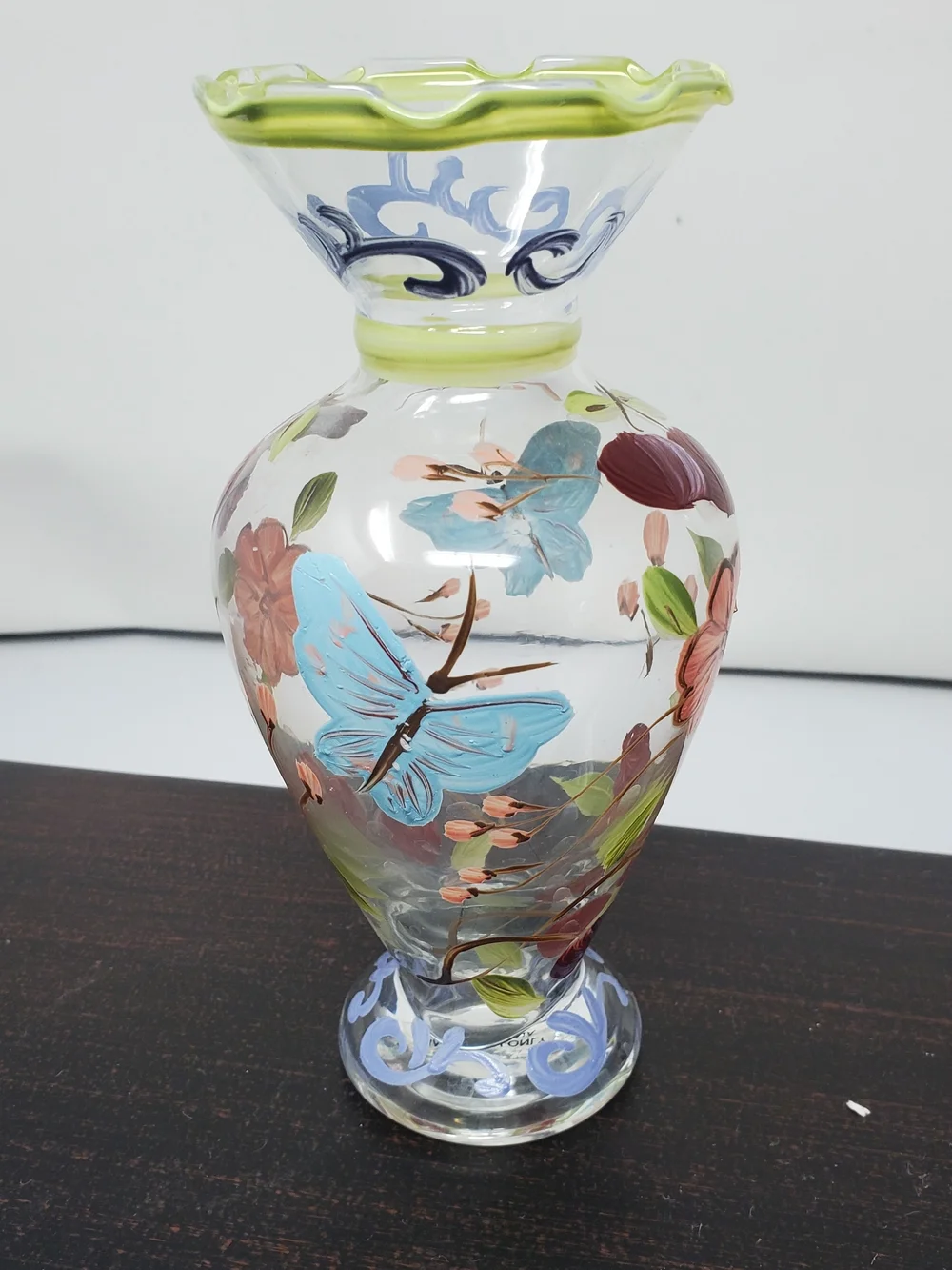 Hand-Painted Glass Vase with Blue Butterfly Motif